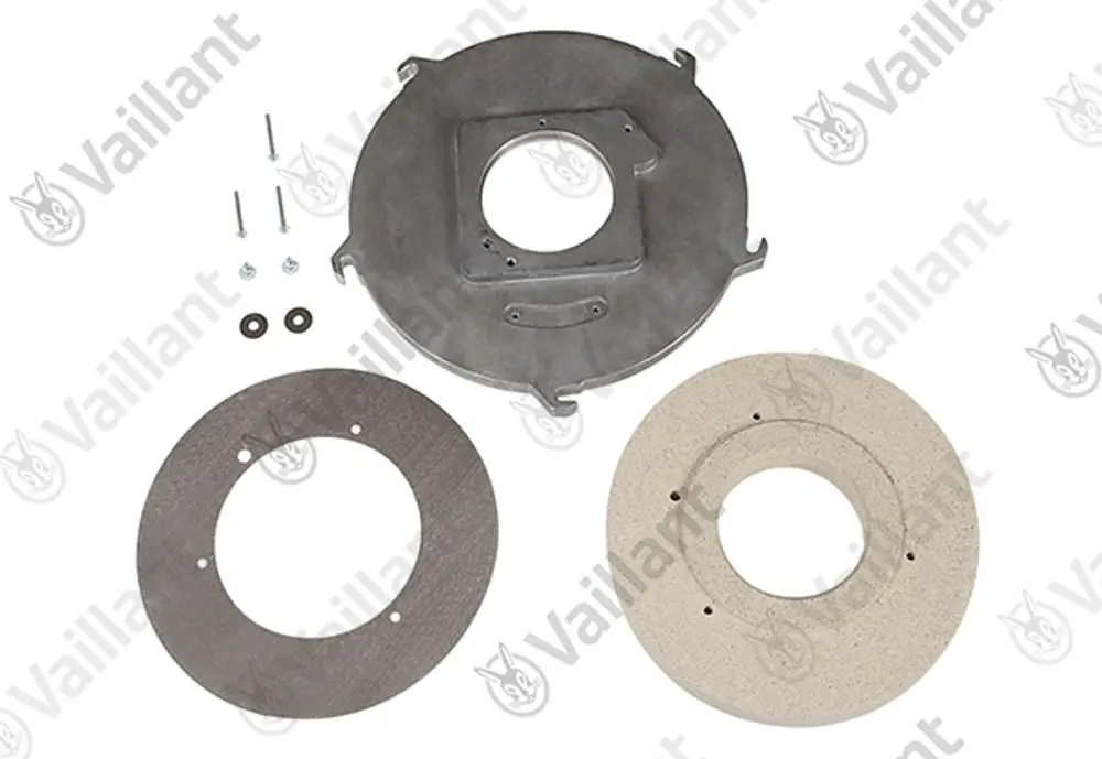 Vaillant Flansch mit zwei runden Platten, einer metallischen und einer keramischen, sowie Zubehörteilen wie Schrauben und Dichtungen.